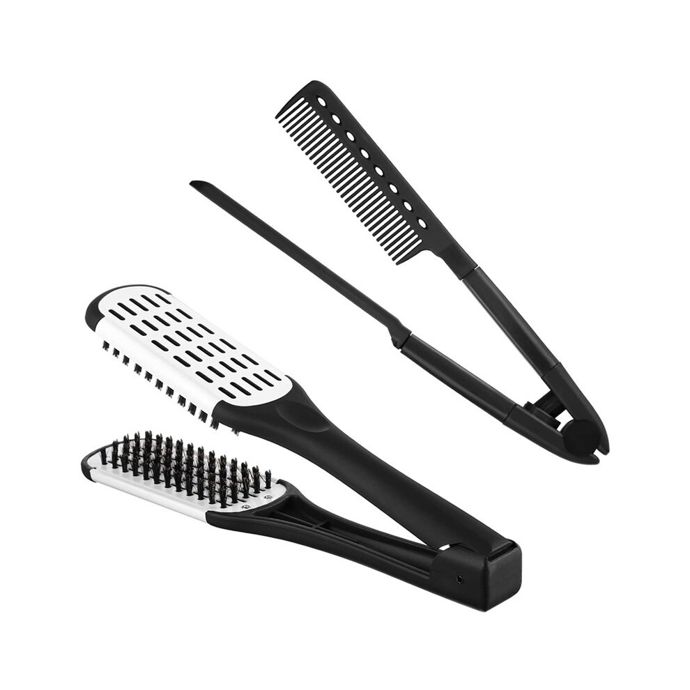 Unisex 2Pcs Double Sided Clamp Brush & Flat Iron Comb For Hair Straightening Hair Straightening Comb