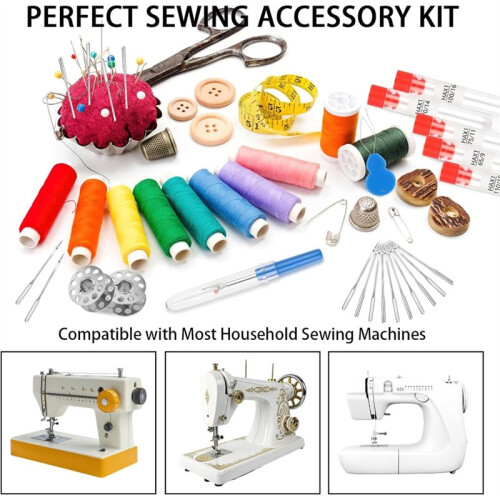 100 Pcs Universal Sewing Machine, 5 Size with Bobbin, Threader, Ripper, Compatible 1