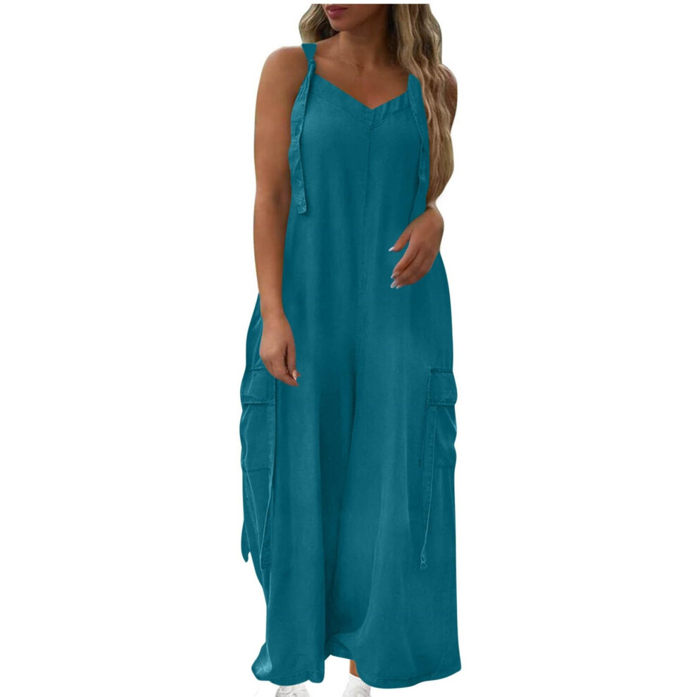 Overalls For Women Loose Fit Wide Leg Jumpsuits-tealblue XXL