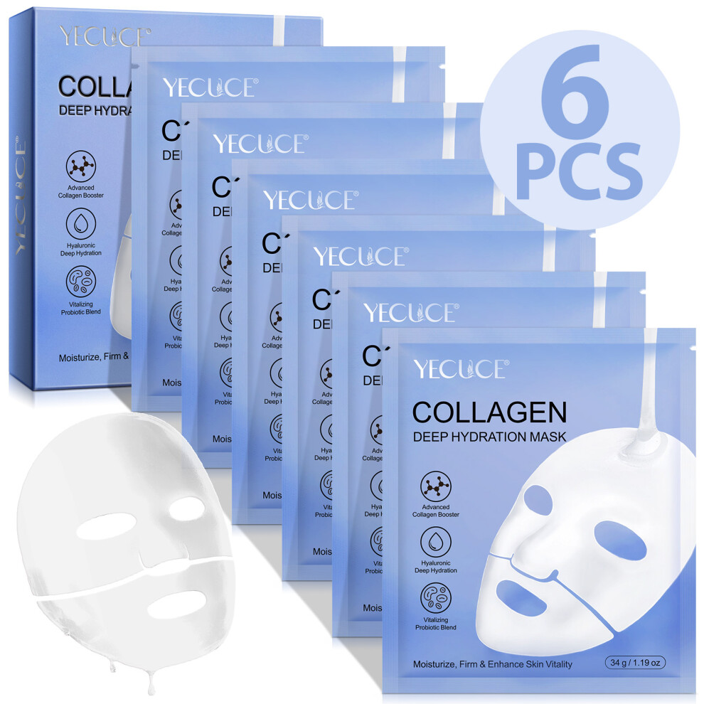Yecuce Collagen Face Mask Sheet Deep Hydration Hydrogel Firming Korean Skincare 6 Pack