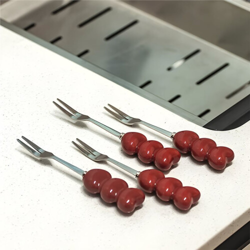 Cute Dessert Fruit Fork Household Tableware Ceramic Storage Tank Stainless Steel Small Fork Set 2