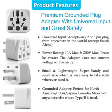 8X US Travel Plug Adapter EU/UK/AU/In/CN/JP/Asia/Italy/Brazil to USA (Type B), 3 Prong USA Plug, Charger Converter White