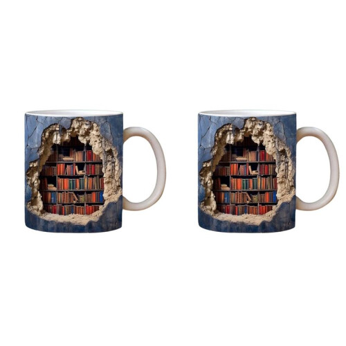 2X 3D Bookshelf Mug A Library Shelf Cup, Space Design Multi-Purpose Ceramic Mug, 3D White Mug,A 1