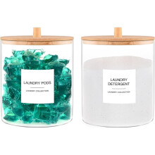 2pcs Laundry Room Glass Jars Set with Bamboo Lid, Includes 24 Labels for Organized Detergent Storage