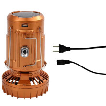 Linterna Solar de Camping 2 en 1 con Luz LED y Ventilador Ajustable, Estación de Carga USB, Enchufe Estadounidense, Color Dorado