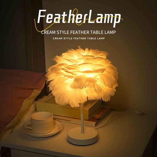 Lampada da tavolo con base in legno e piuma bianca 2