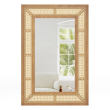Rattan Wall Mirror with Wood Frame, 90x60 cm, Hanging