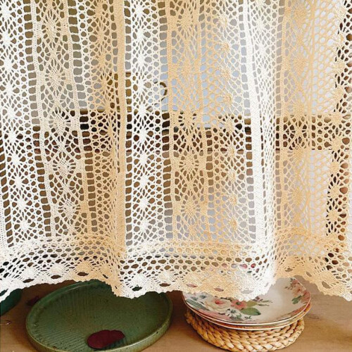 Lace Net Short Curtains Beige-White Cotton Blend 1