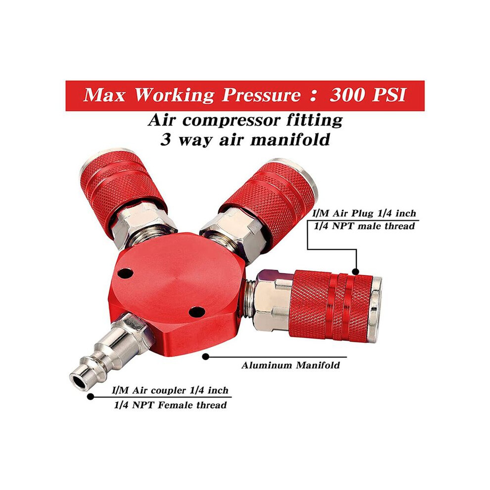 4 Pcs Air Hose Connectors 3 Way Air Hose Fittings 1/4 In Npt Air Compressor Fittings Air Compressor Accessories (Red) 4712358173133