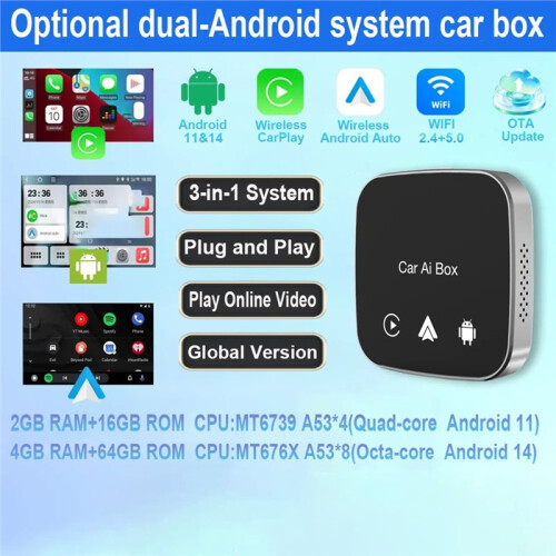 Android 11 & 14  AI Box, Wireless CarPlay Adapter, Android Auto, Dual WiFi, Supports  and YouTube 2