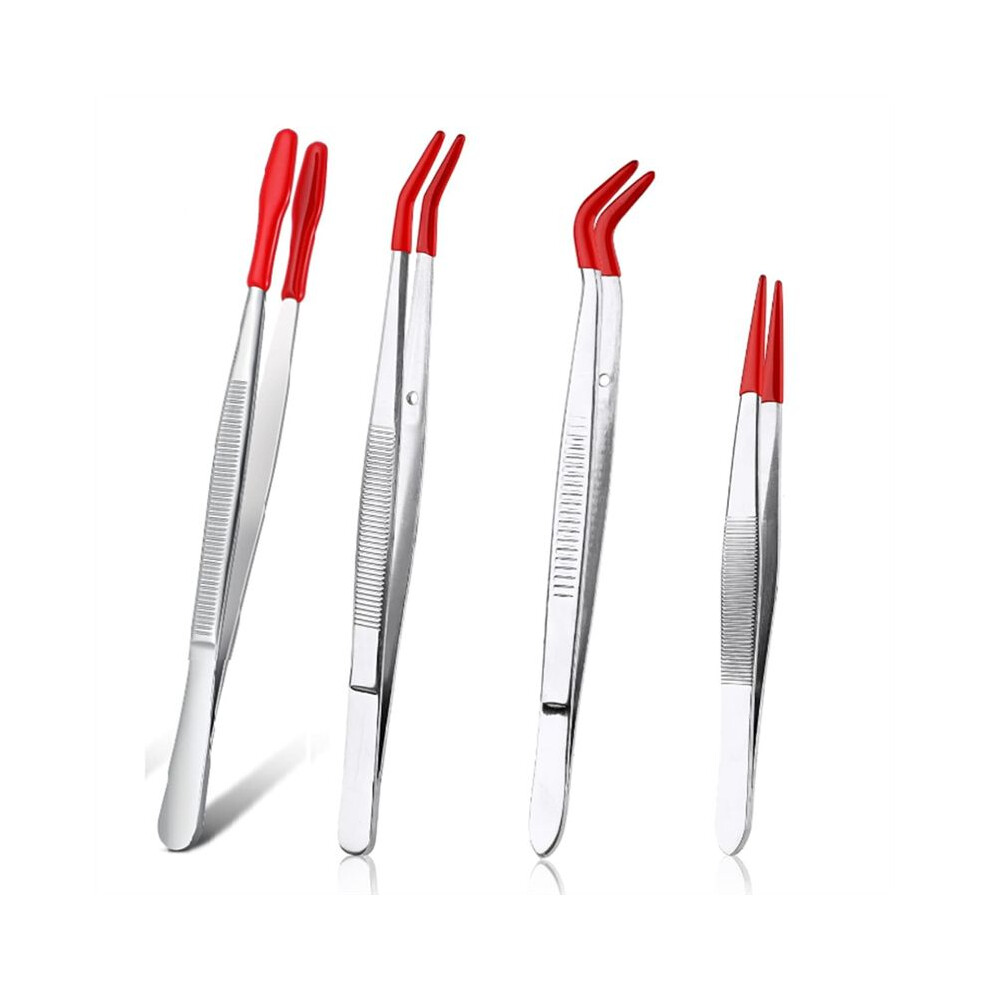 4Pieces Tweezers With Rubber Tips Tweezers Pvc Coated Tweezers Set, Rubber Straight/Flat Tip Tweezer Bent Tweezers Red 6032703887620