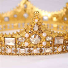 2X König Krone für Männer Kostüm Zubehör Prom Tiara Barock Vintage Kristall Perle Braut Hochzeit Tiaras (Gold)