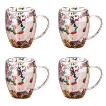 4 Peças Recheios Flores Secas Copo de Vidro de Parede Dupla com Alça Resistente Ao Calor Bebida Quente Fria Chá Café Caneca Isolada