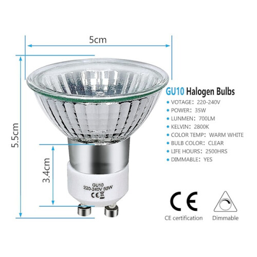 8 faretti alogeni GU10 da 35W e 2800K, luce bianca calda. 1