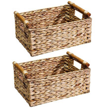 2X Wicker Basket Rectangular with Wooden Handles for Shelves,Water Hyacinth Basket Storage,Natural Baskets B