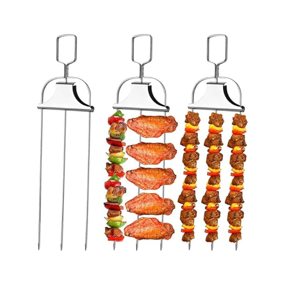 3Pcs 3-Prong Stainless Steel Kabob Skewers For Bbq With Pusher Slider,For Meat,Chicken,Sausages,Veggies,Shrimp 4711216166935