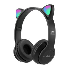 Cat Ear Headphones for Kids Wireless Mode Foldable Headset with Mic, RGB LED Light for Gift School Gaming D