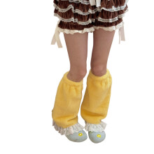 Women's Ruffle Lace Trim Fuzzy Leg Warmers Elasticated-Yellow