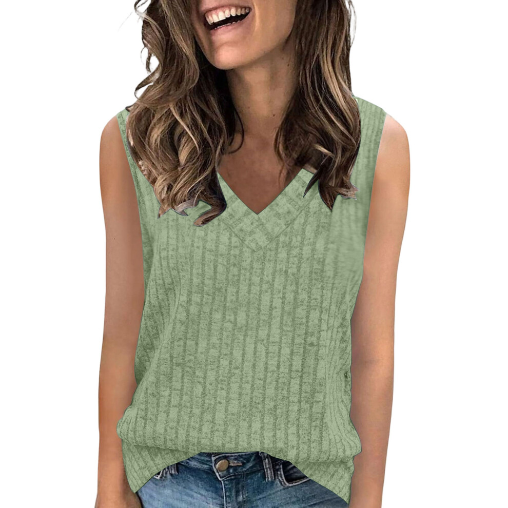 Light/Green Women's Ribbed Knit Vest Casual V-Neck Sleeveless- S