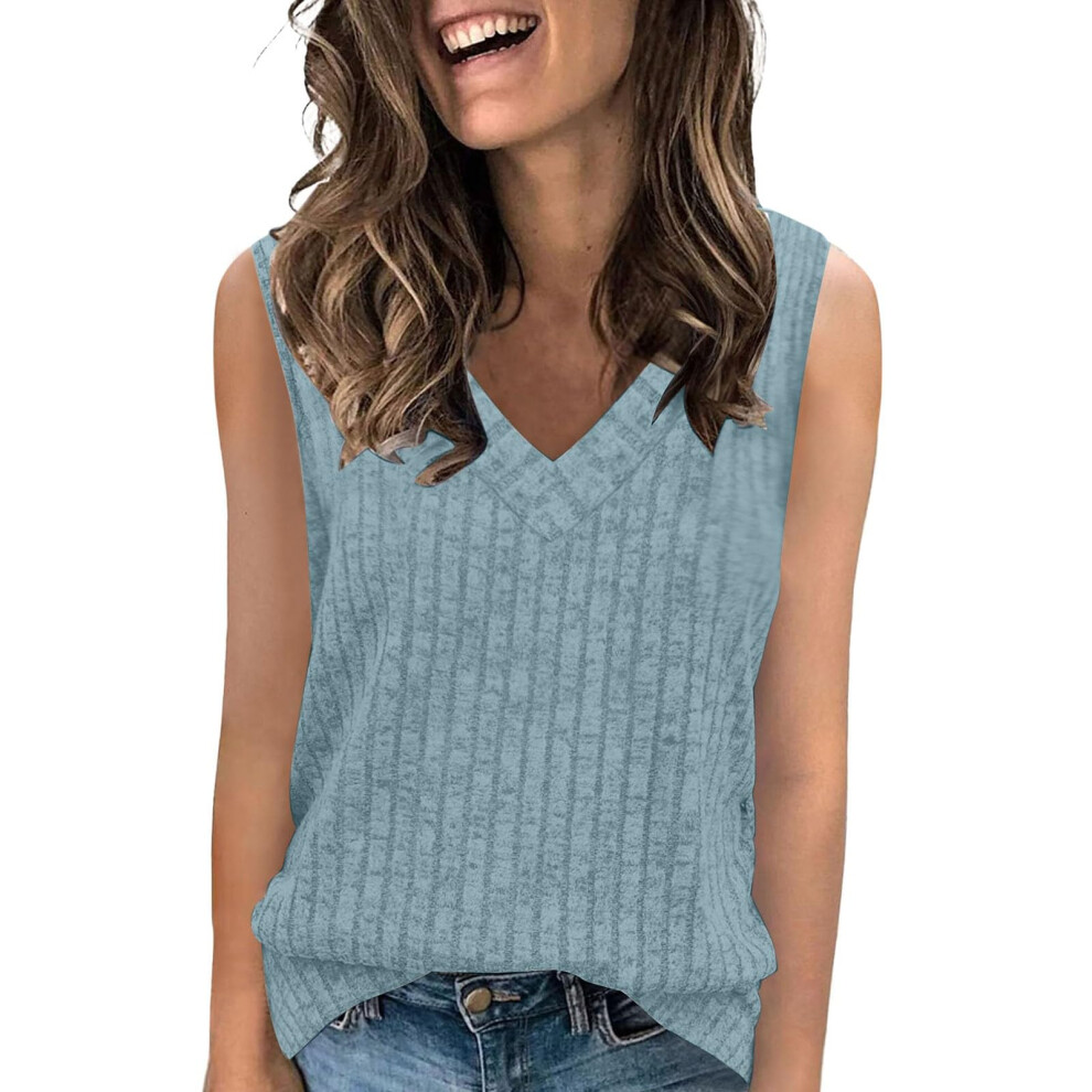 Blue Women's Ribbed Knit Vest Casual V-Neck Sleeveless- M