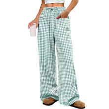 Women's striped plaid pajamas drawstring wide-leg-Green M