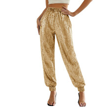 Women's Glitter Spangly Pants Loose High Waist Elastic-Gold S