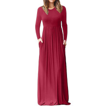 Women Long Sleeve Loose Plain Plus Size Maxi-Burgundy XXL