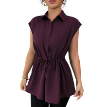 Loose Fit Women's Lapel Collar Short Sleeve-dark red XXL