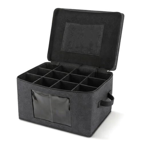 Wine Glass Storage Box with Lid, Hard Shell Stemware Storage Container with 12 Dividers, Glassware Packing Box