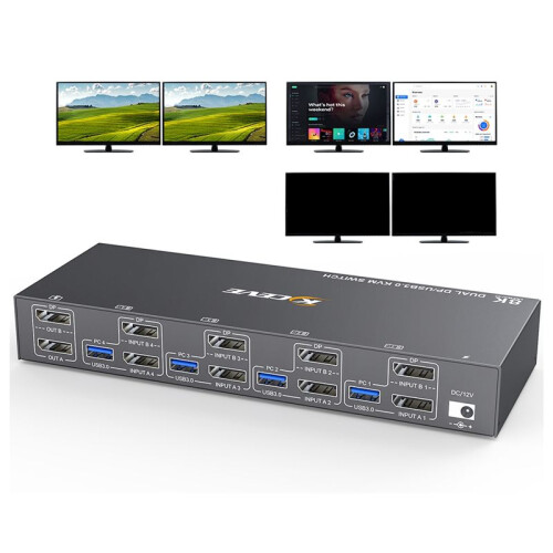 KCEVE KVM  4 Dator 2 Bildskärmar  USB 3.0 KVM Switcher Stöder 4K@60Hz DP Port KVM  EU PLUG 2