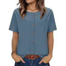 Women's linen T-shirt, V-neck, loose fit, comfortable,-Blue L