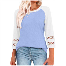 Womens Lace Patchwork 3/4 Sleeve Tops Trendy-Light  Blue L