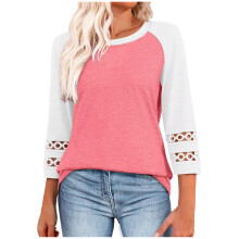 Womens Lace Patchwork 3/4 Sleeve Tops Trendy Crewneck-Pink M