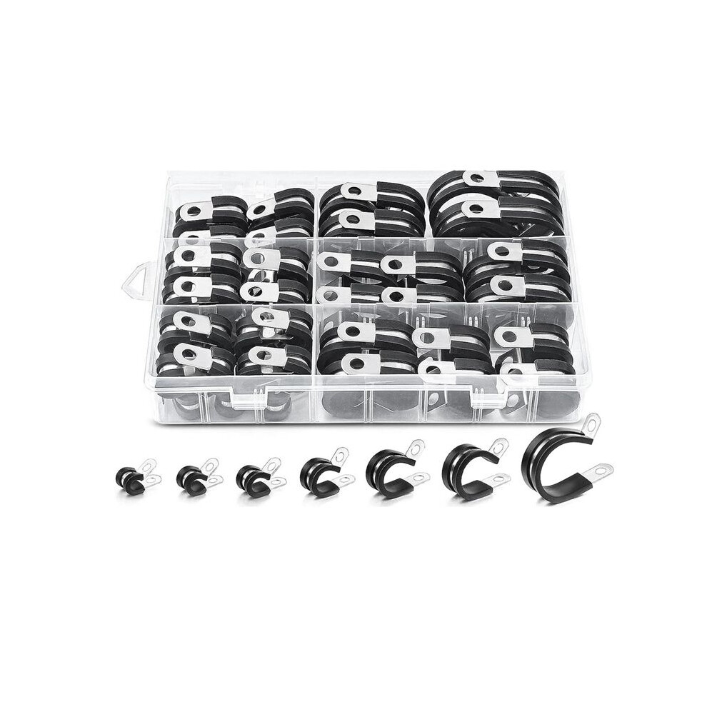 60Pcs Cable Clamps Assortment Kit, 304 Stainless Steel Rubber Cushion Pipe Clamps R-Type Hose Clamp 7 Sizes 4711775148847