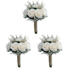 3X Bridal Bouquets for Wedding, Artificial Rose Flower Bouquet Bridesmaid Holding Flower, Flower Girl Bouquet