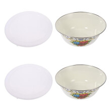 2pcs Vintage Enamel Bowl Set with Lid 20cm Retro Small Soup and Noodle Bowl Light Yellow Enamel Food Container