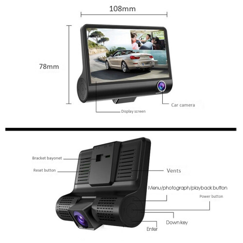 3 Câmeras Lente 4.0 Polegadas Carro DVR Câmera Gravadora FHD 1080P Visão Noturna Dash Cam Suporte Câmera Retrovisor 2