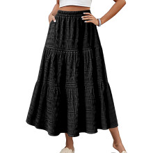 Women's Casual Elegant Smock Layered Tiered Maxi-Black XL