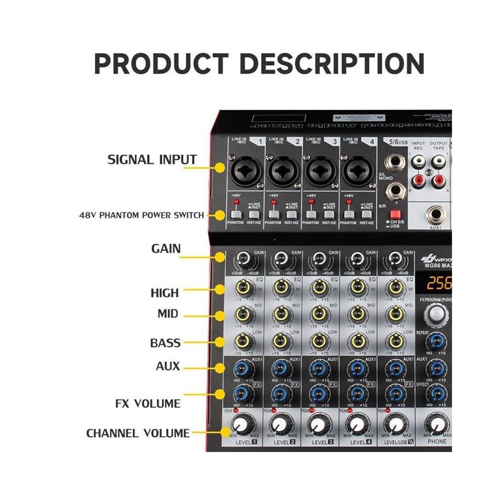 6 Professional Mixing Console 6-Channel With Dsp Reverb Effects & Usb Playback/Recording Stage Performance 6032703824472