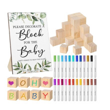 Skyltkit för Babyshower-Lekar med 50 Tomma Träklossar för Babyn, 24 Akrylfärgspennor och Träskylt