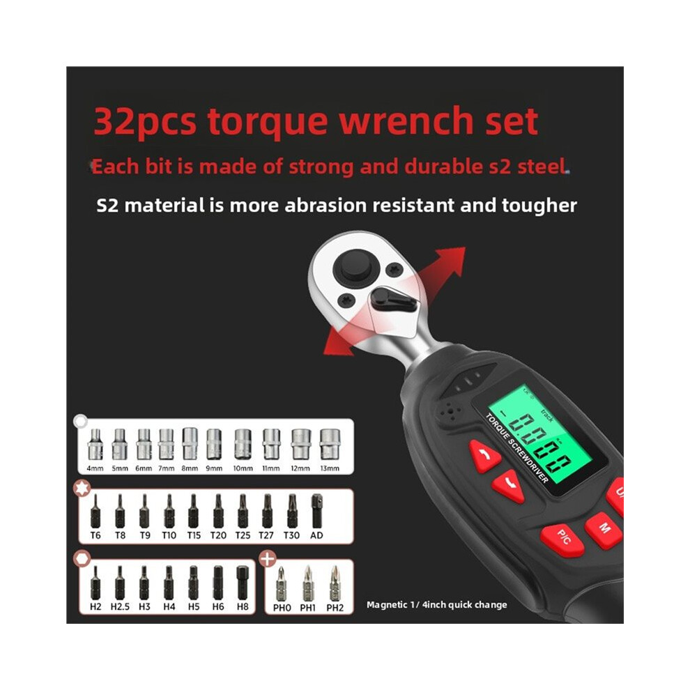 32 Pieces Digital Torque Wrench Set Adjustable Torque Ratchet Torque Electronic Kilogram Wrench 0.3-6N.m 4713377898397