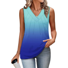 Women's Sleeveless Tops, Loose Fit, V-Neck, Summer,-Sky Blue L