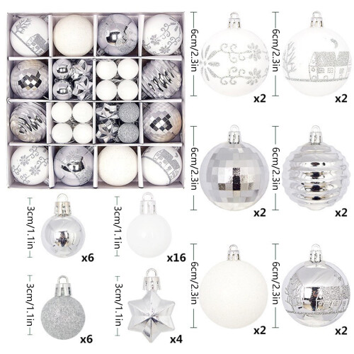 Christmas Balls Shatterproof Silver White Glitter 44 pcs 2