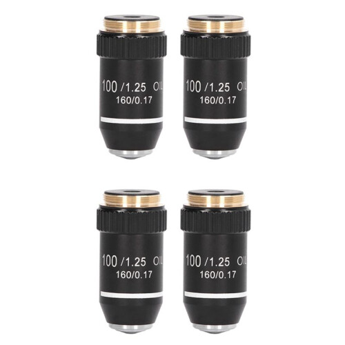 4pcs Biological Microscope Lens, 195 Achromatic Black Objective Lens 100X Oil High Power Objective Interface 20.2mm 1