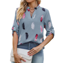 Women's Long-Sleeved Casual V-Neck Print Three-Quarter-Gray M