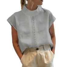 Cotton Linen High Neck Pullover Top With Unique Cutout-Gray M