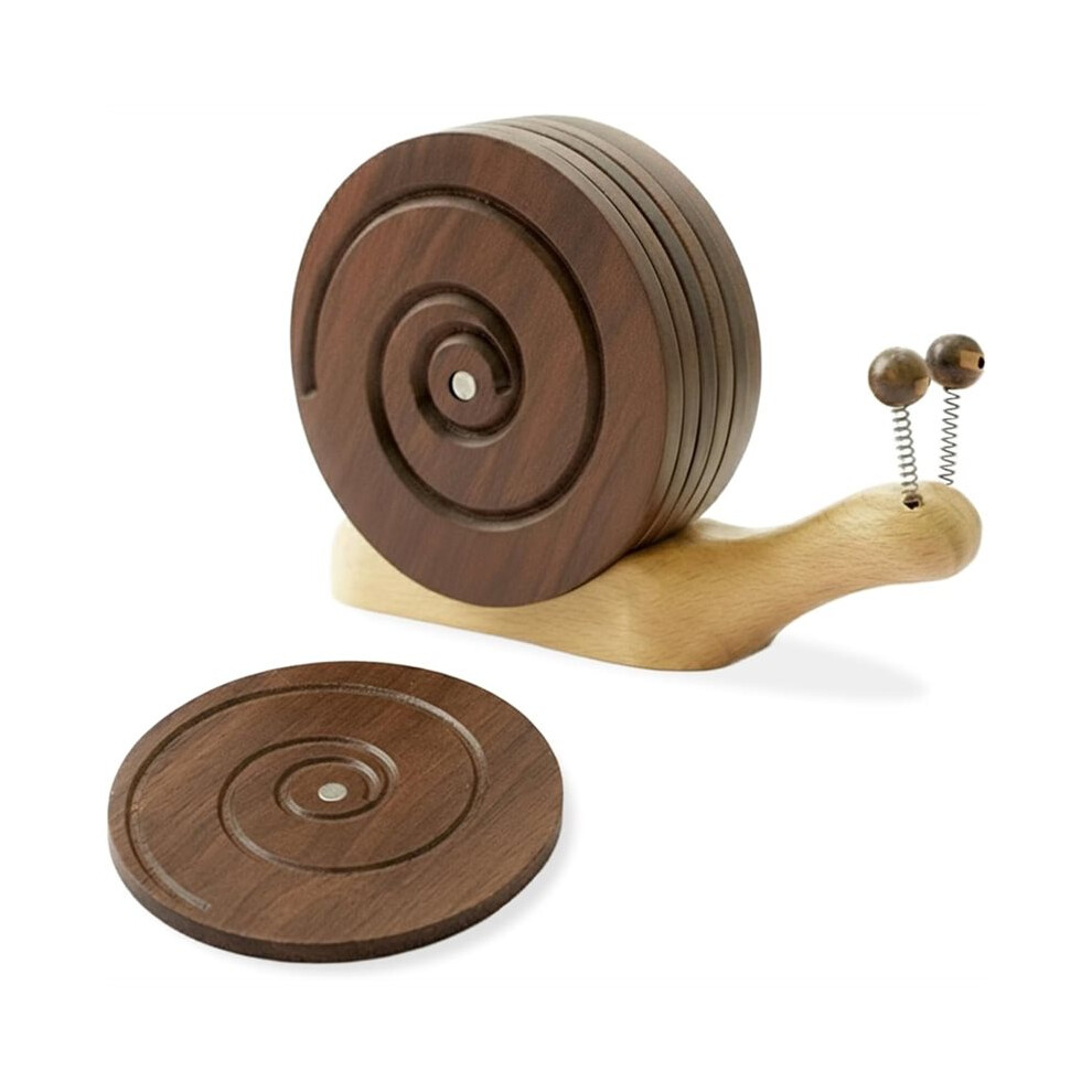 Magnetic Snail Wood Coasters Set For Drinks - Set Of 6 Handcrafted Coaster Set With Holder. For Wooden Table Protection 4713291164714