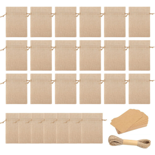 25Pcs Linen Drawstring Pouches With Paper Wrapping Label For