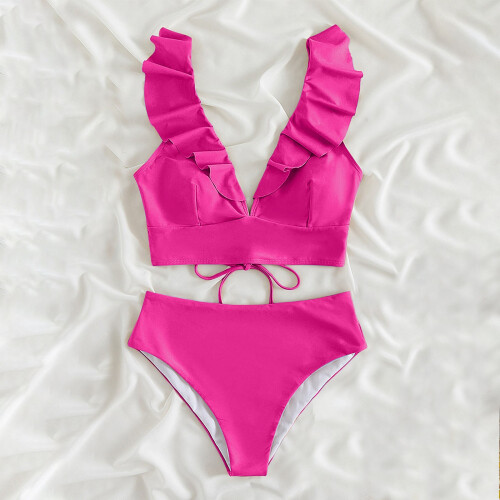 Dames bikini met hoge taille, buikversiering, badmode met-Roze M 2