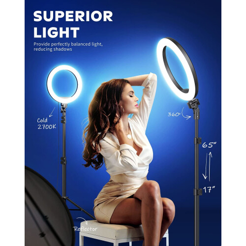 10.2 inch Dimmable LED Ring Light with Tripod Stand and 2